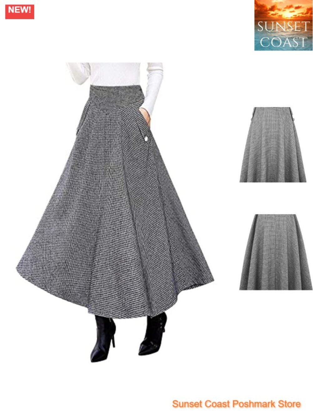 High Waisted Wool Plaid A-Line Long Maxi Skirt Side Pocket